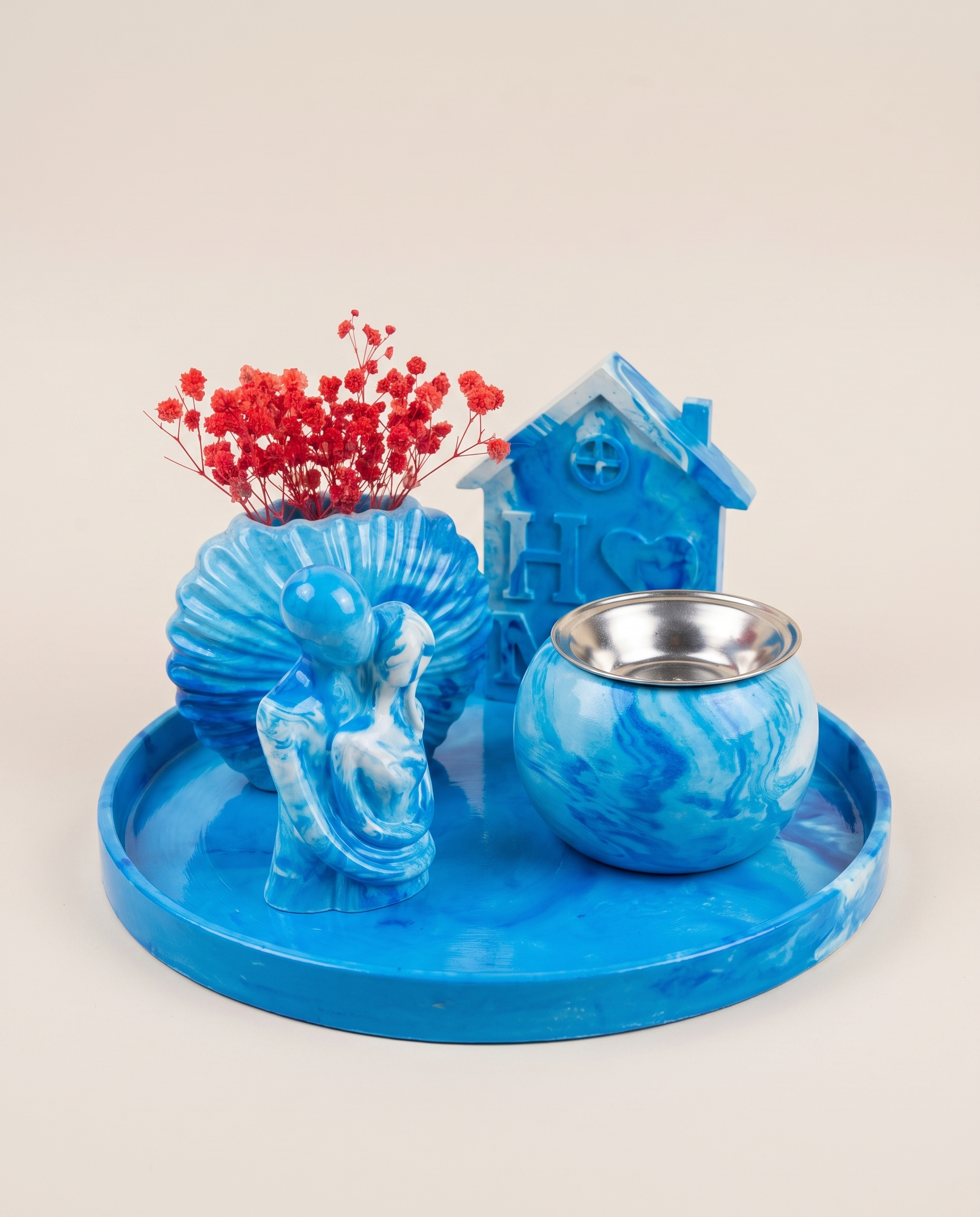 Azure Marble Home Set - vivid blue and white marbled concrete decor set with tray, incense burner, shell vase, HOME house ornament, and couple figurine