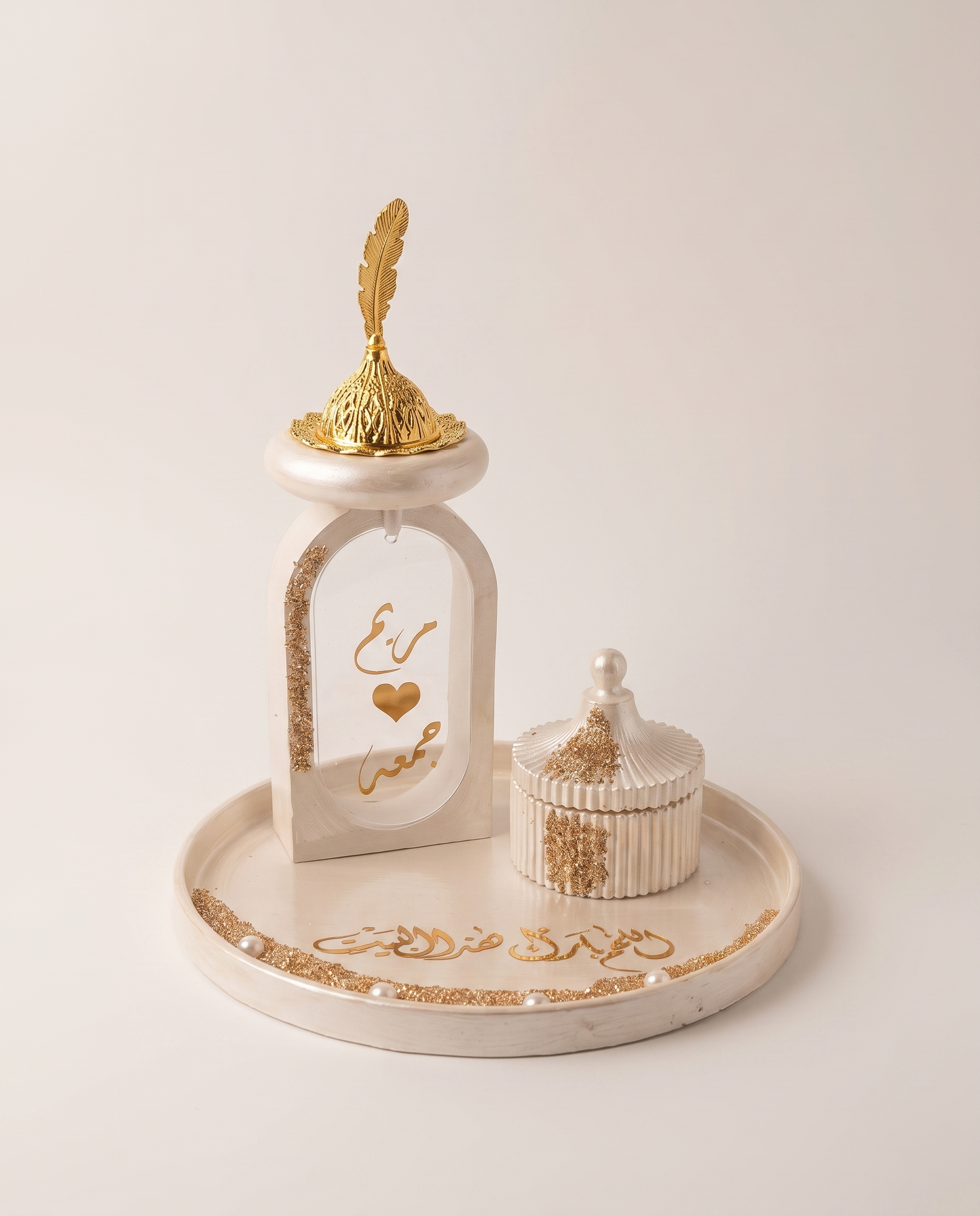 Custom Wedding Lantern Set - personalized arched lantern incense burner sample with names and heart, bonbonniere, and blessing tray