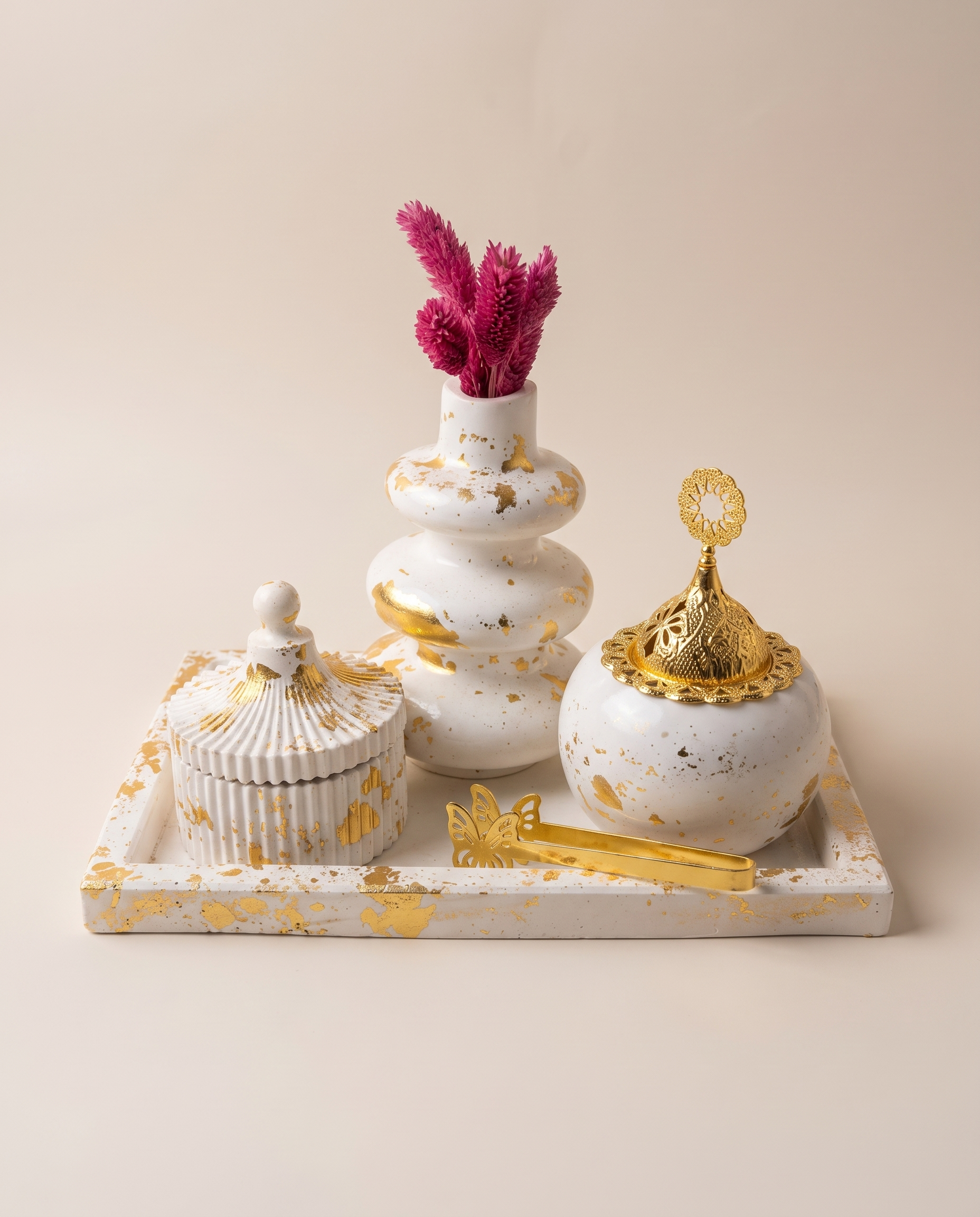 Gold Splash Vanity Set - white ceramic vanity set with gold-leaf splatter finish on a square tray
