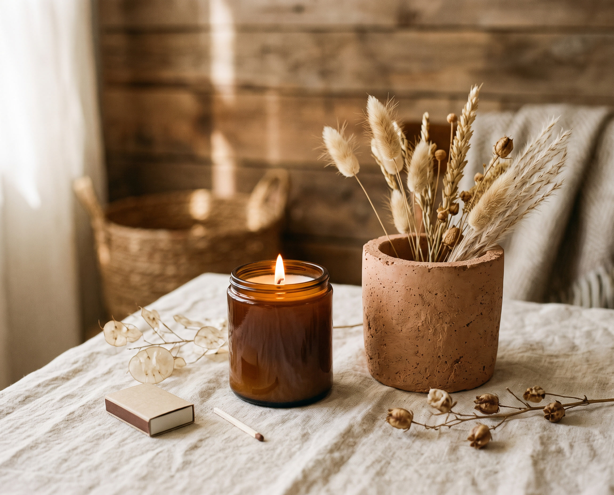 Hand-poured candle beside a concrete decor vessel, crafted with care