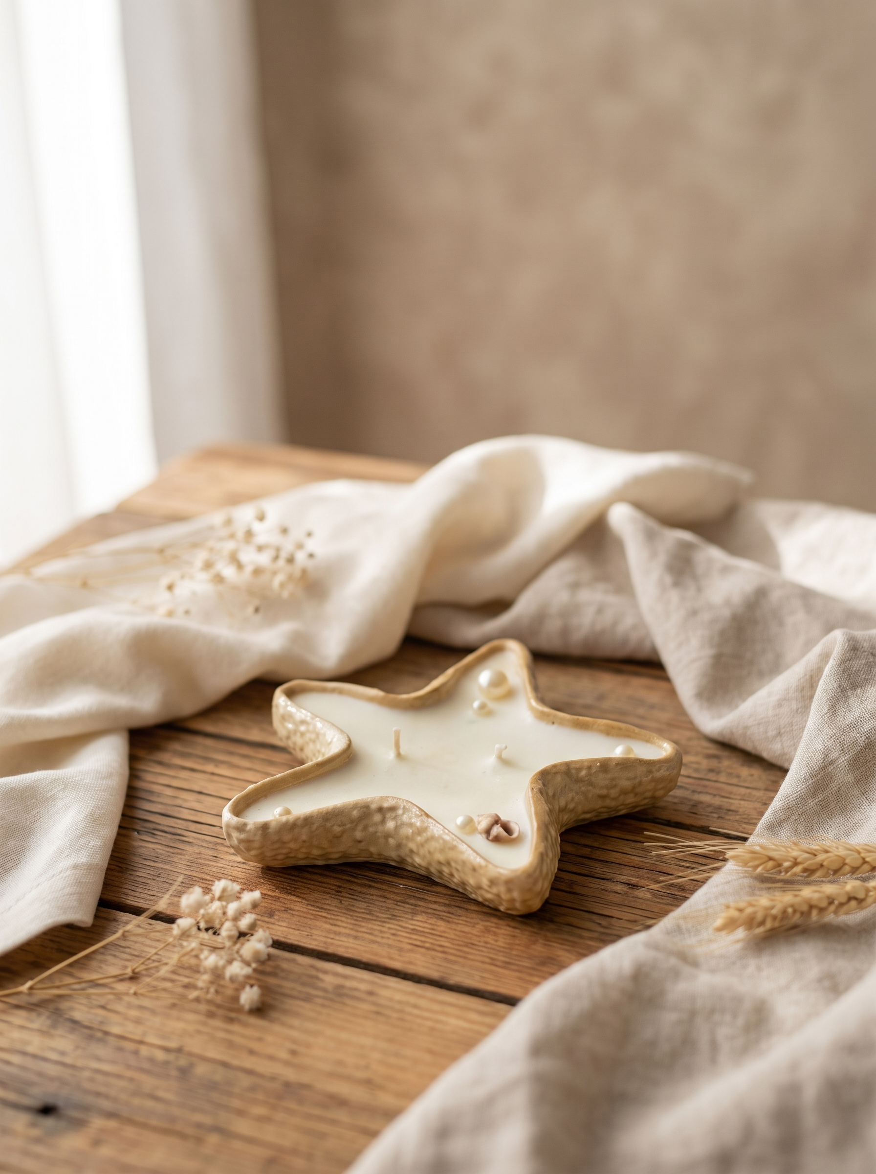 Ocean Starfish soy candle in The One scent with cream wax rim and pearl details