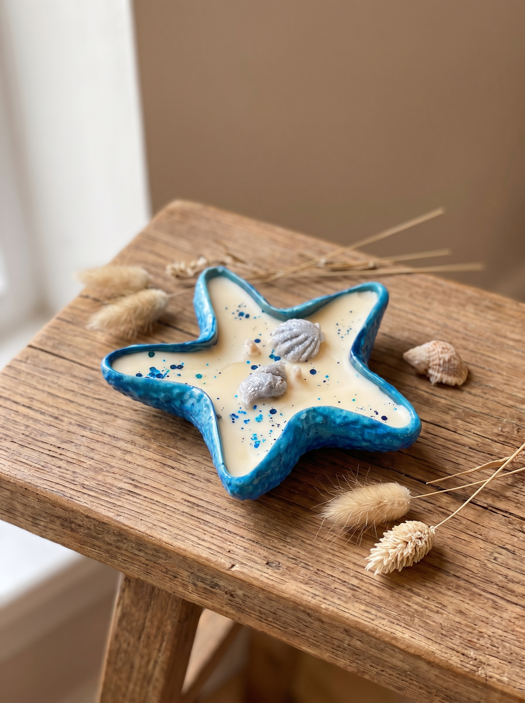 Ocean Starfish soy candle in Thousand Wishes scent with blue wax rim and silver shell charms