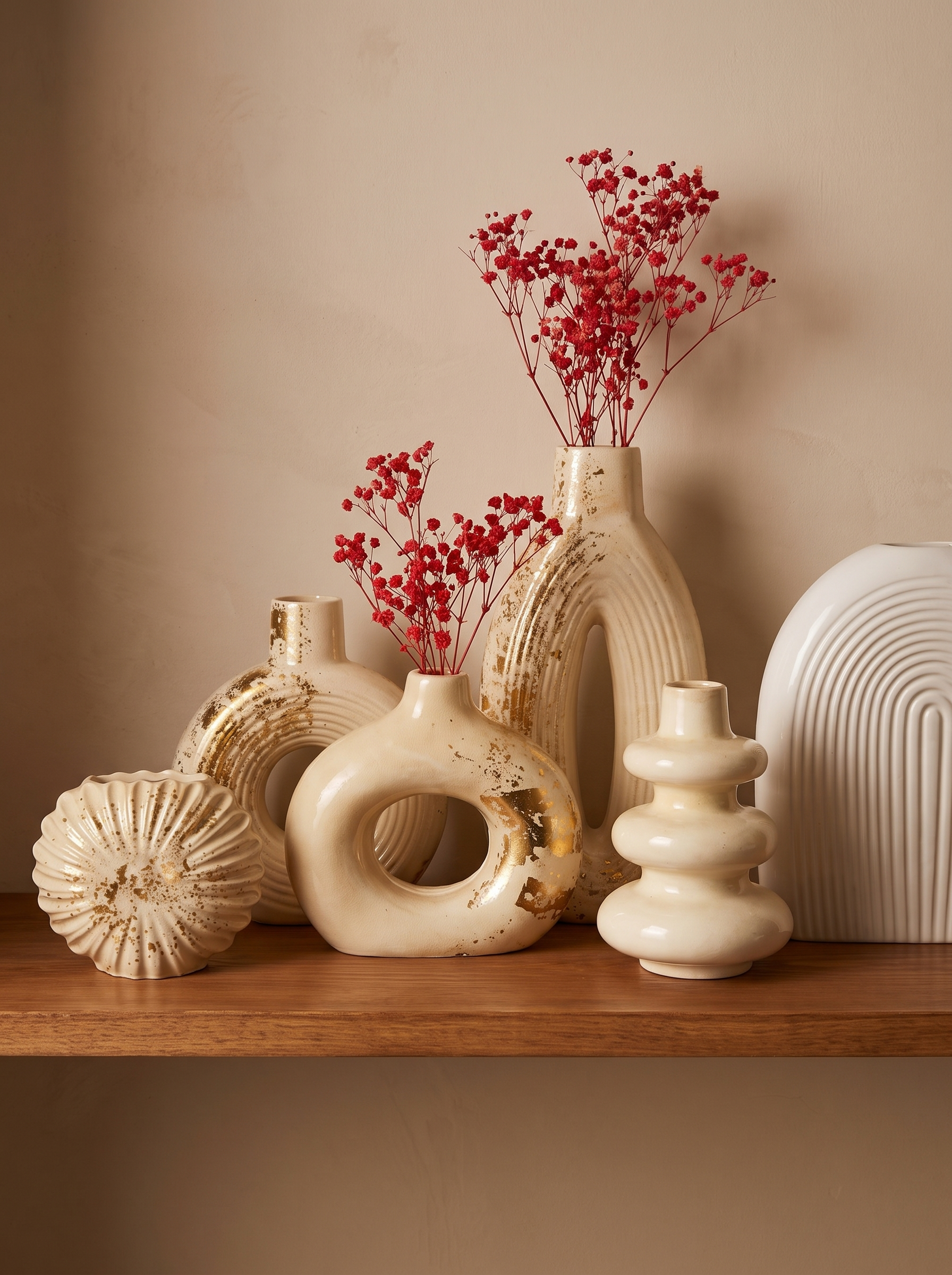 Set of 5 handcrafted ceramic vases with gold-leaf splatter accents in shell, ring, bottle, bubble and dome shapes