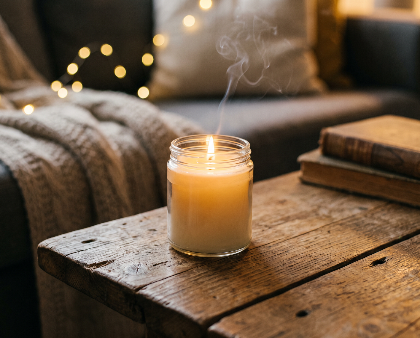 Lit soy candle in a glass jar with warm candlelight and rising fragrance smoke - SH Candles
