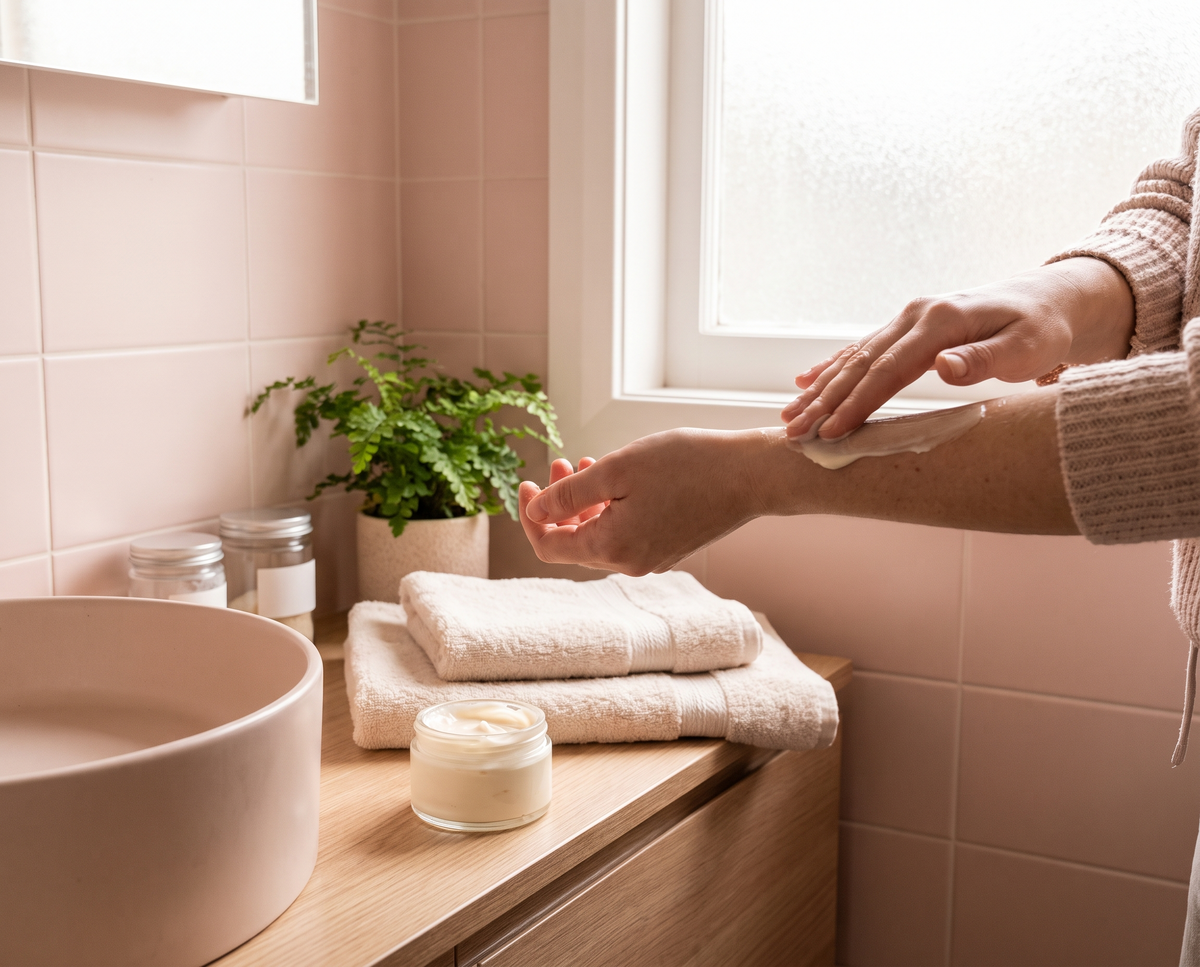 Hand applying body lotion in a cozy bathroom setting - SH Candles Body and Hair Care