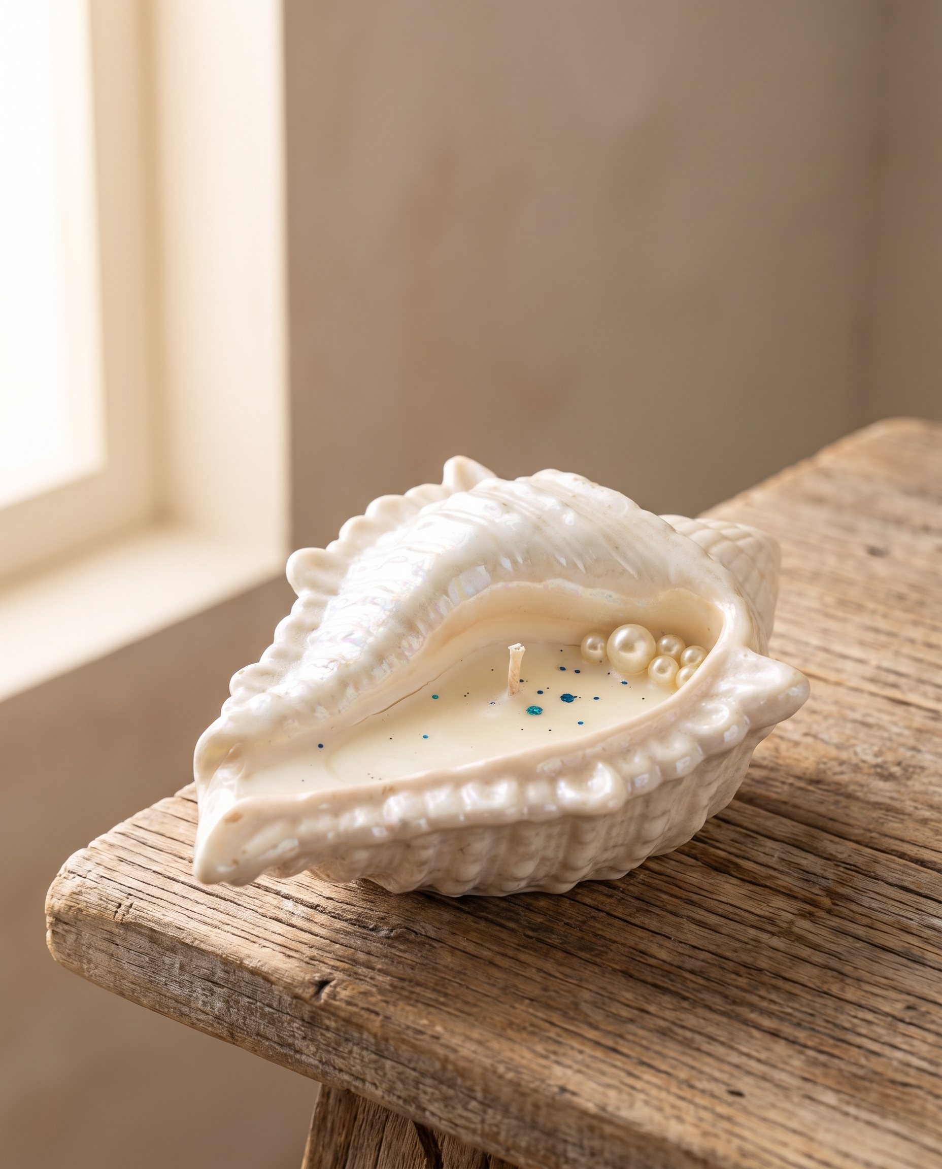 Ocean Pearl Conch Shell Candle hand-poured in a genuine seashell with pearl and glitter accents - SH Candles