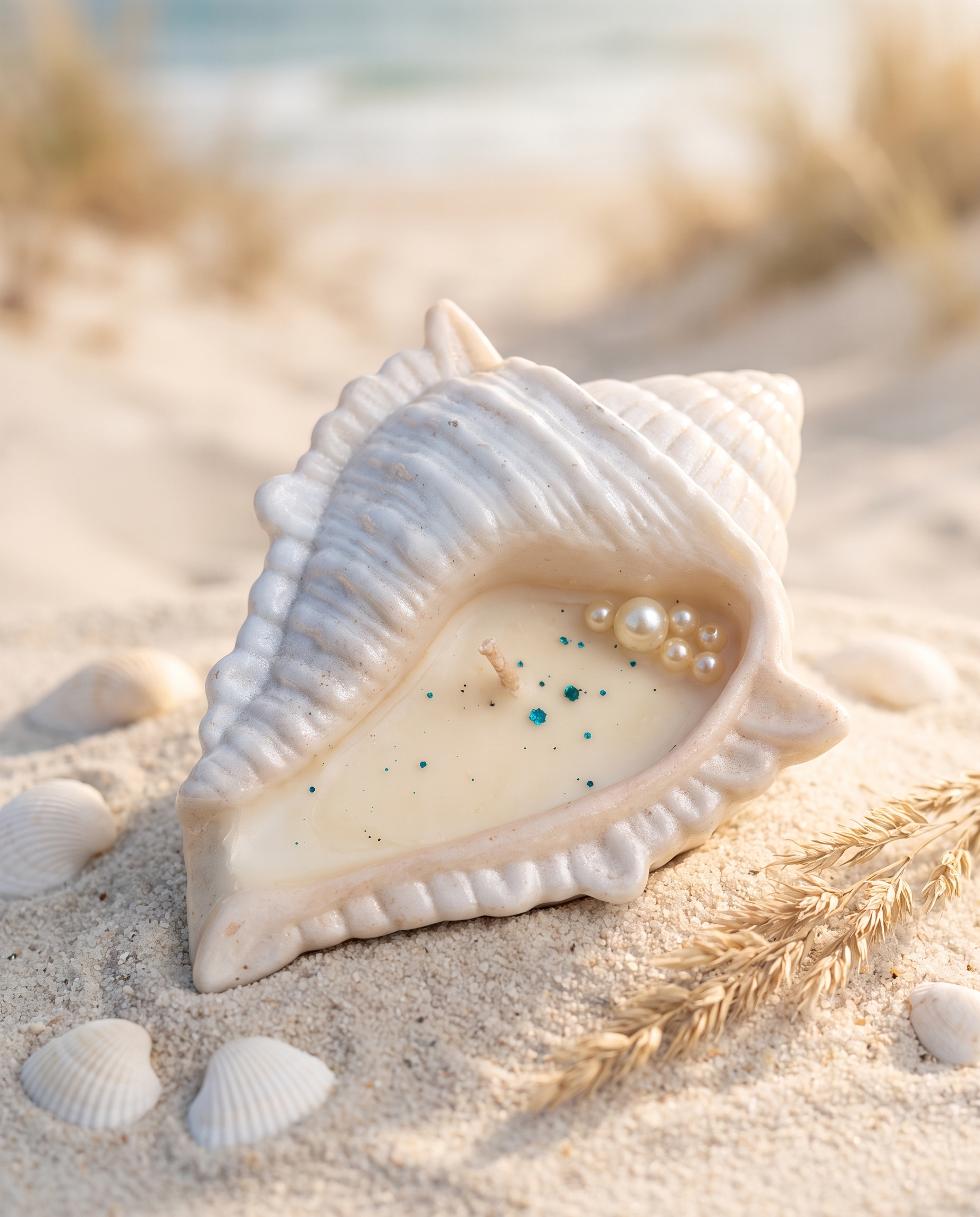 Ocean Pearl Conch Shell Candle styled on the beach with seashells, coastal soy candle by SH Candles