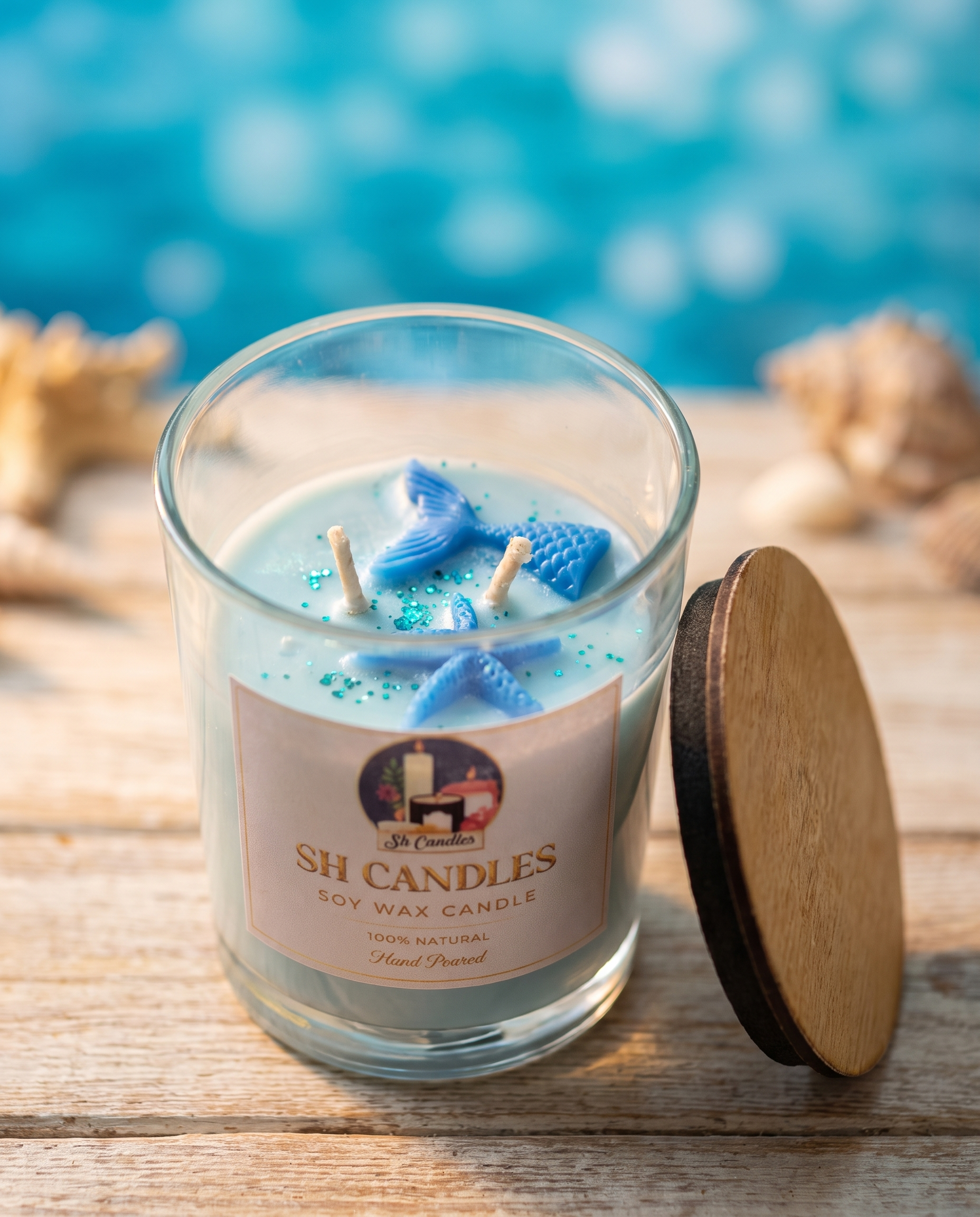 Mermaid Tail Soy Candle, Organza scent - sky-blue soy wax with mermaid tail and seahorse wax charms and glitter, coastal decor by SH Candles