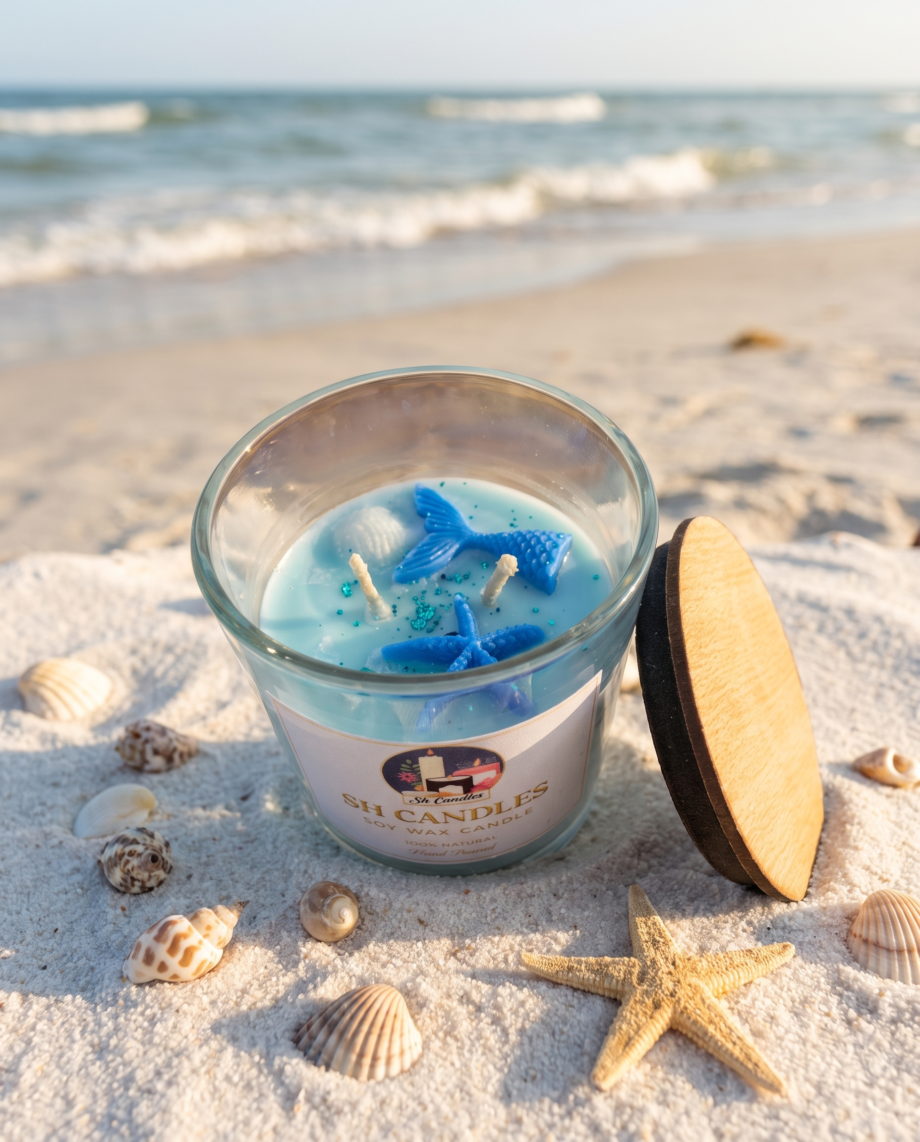 Mermaid Tail Soy Candle, Organza scent, styled on the beach with seashells and a starfish - SH Candles
