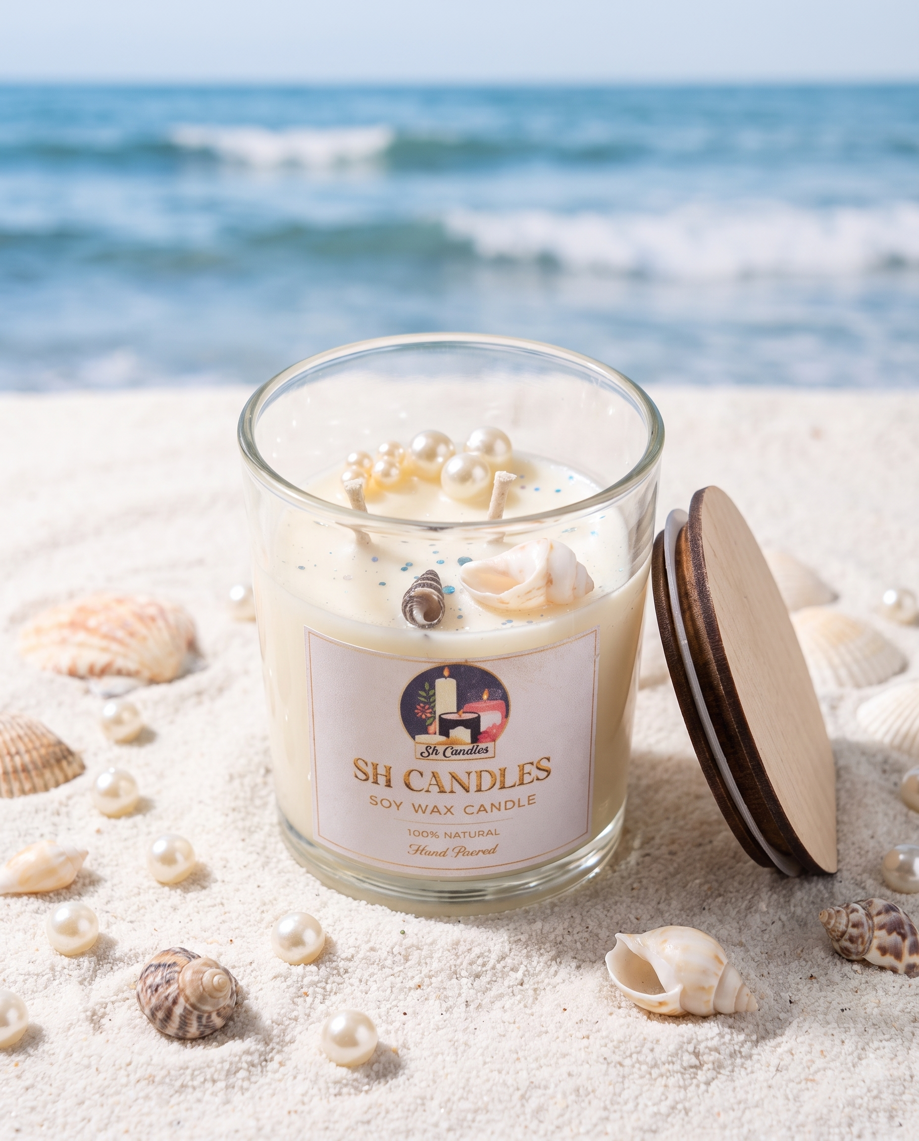 Mermaid Tail Soy Candle, Coconut Vanilla scent, styled on the beach with pearls and seashells - SH Candles