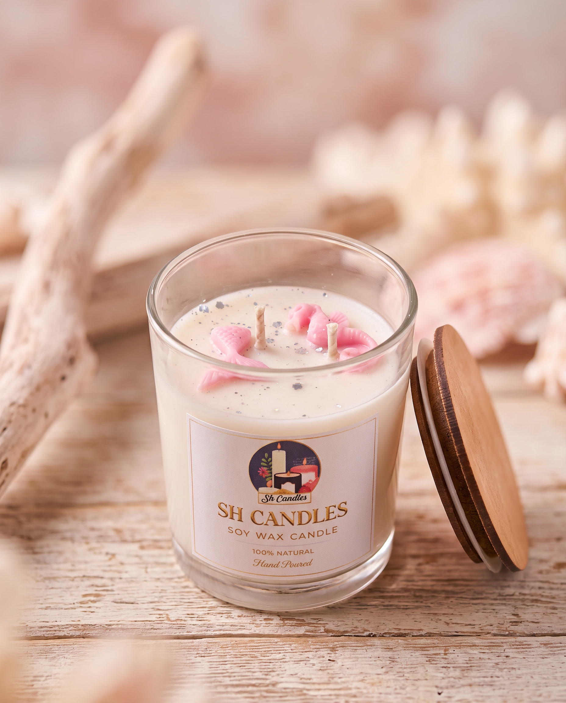 Mermaid Tail Soy Candle, Lavender scent - blush-pink soy wax with mermaid tail and seahorse wax charms and glitter, coastal decor by SH Candles