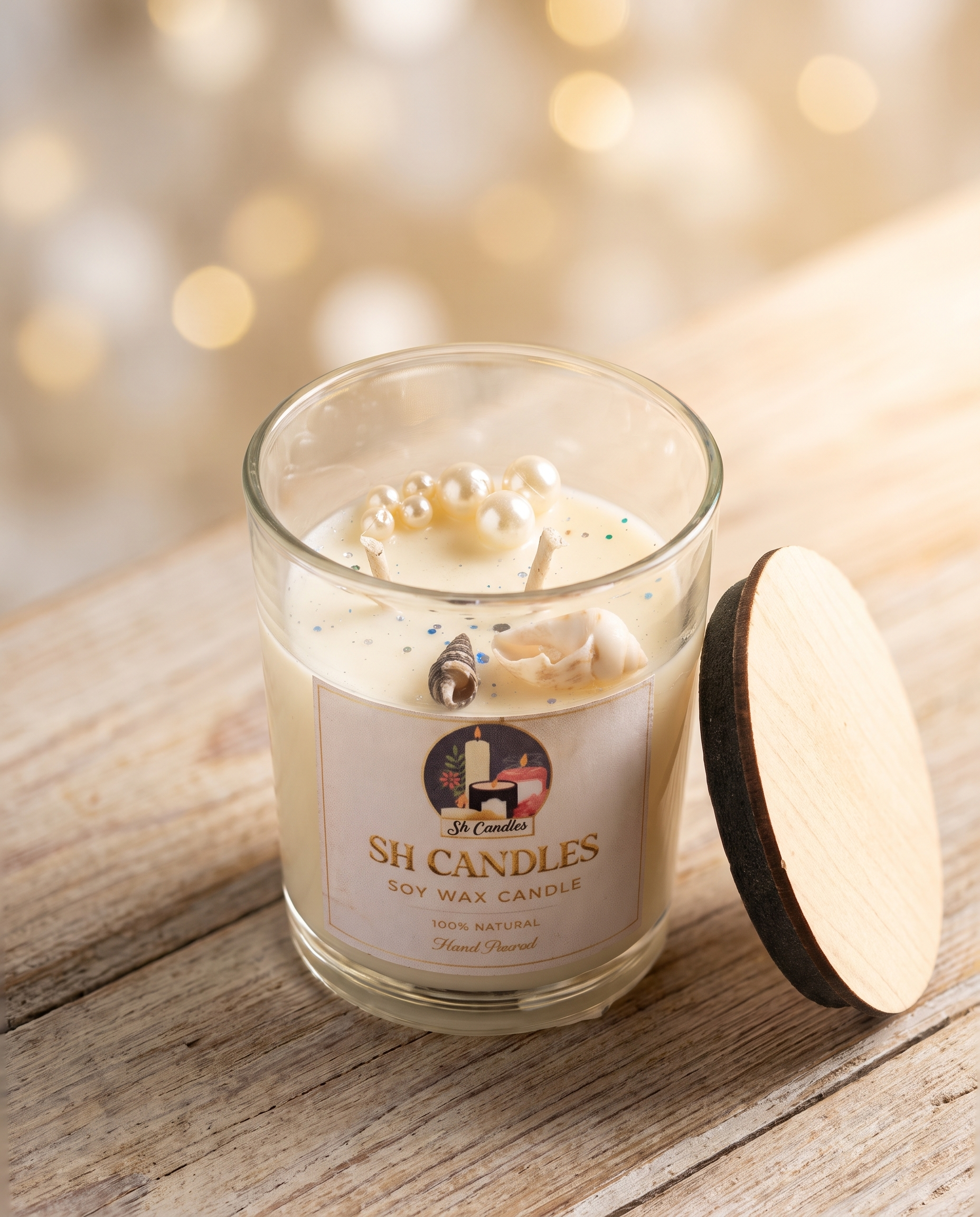 Mermaid Tail Soy Candle, Coconut Vanilla scent - cream soy wax with pearls and seashells and glitter, coastal decor by SH Candles