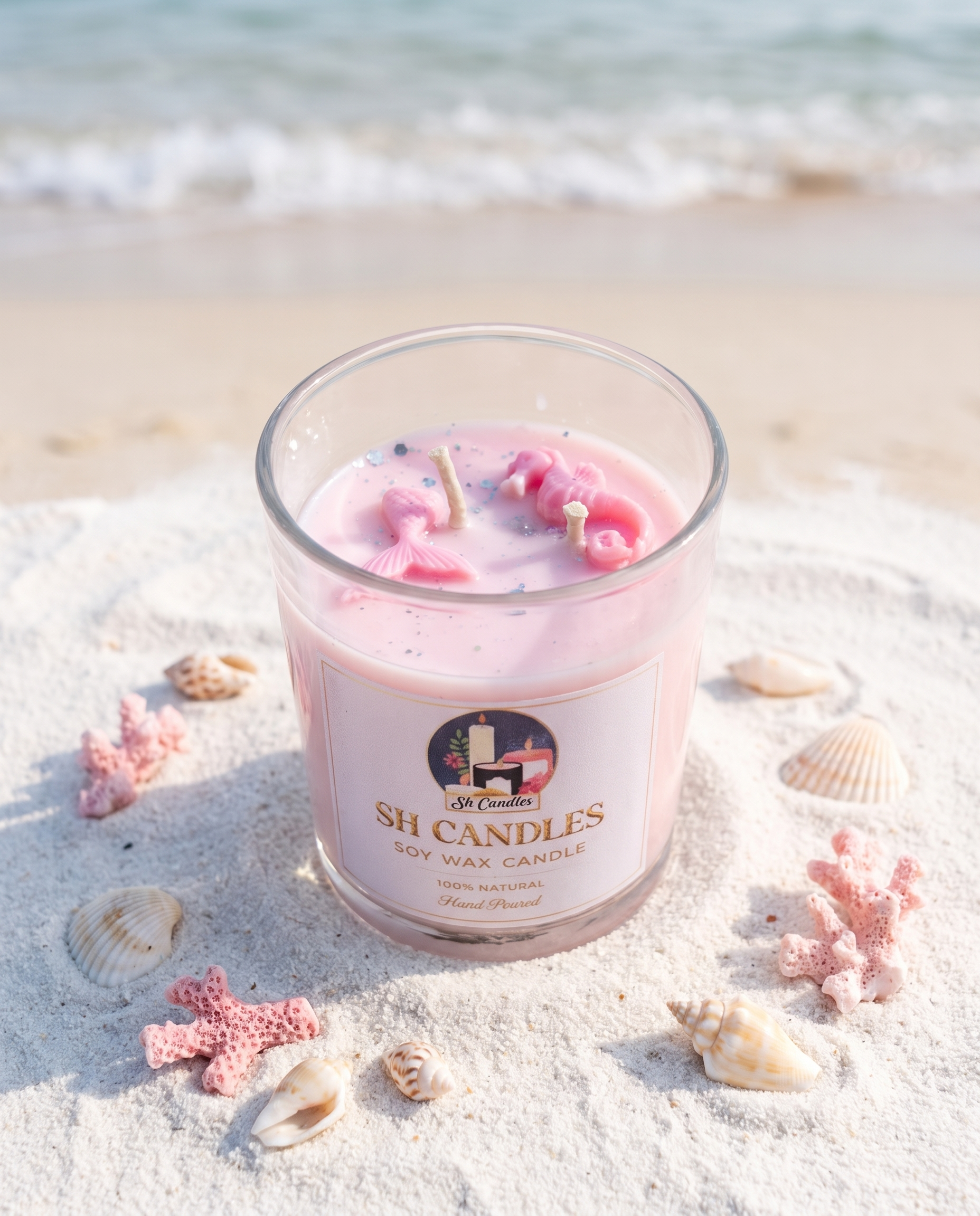 Mermaid Tail Soy Candle, Lavender scent, styled on the beach with pink coral and seashells - SH Candles