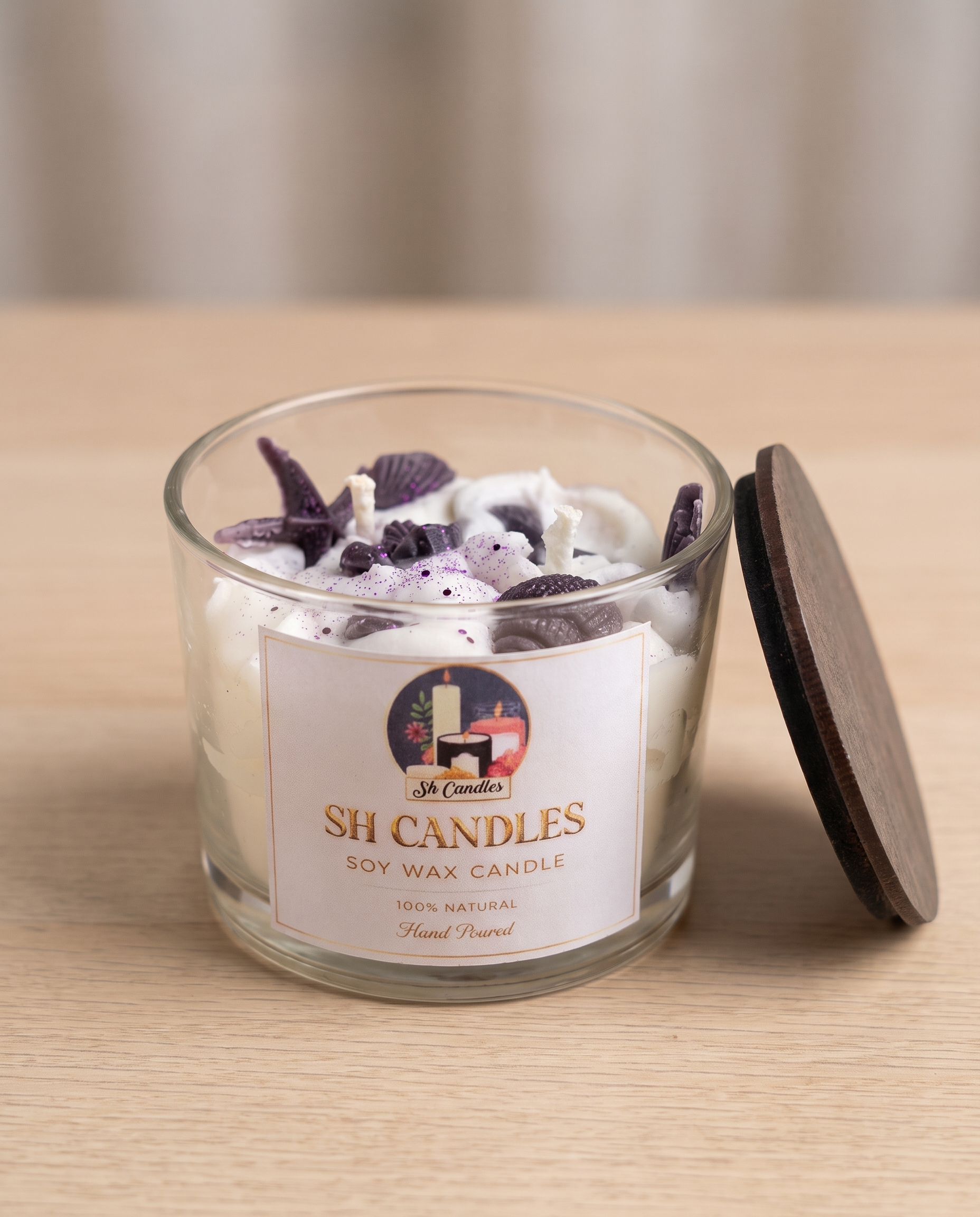Sea Cream Candle, Mix Berry scent - whipped cream-textured soy wax with dark seashell and starfish wax charms and glitter - SH Candles