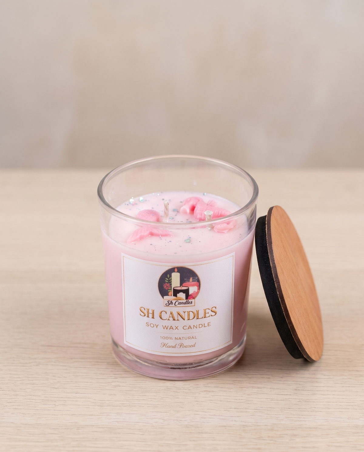 Mermaid Tail Soy Candle, Lavender scent - blush-pink soy wax with mermaid tail and seahorse wax charms and glitter - SH Candles