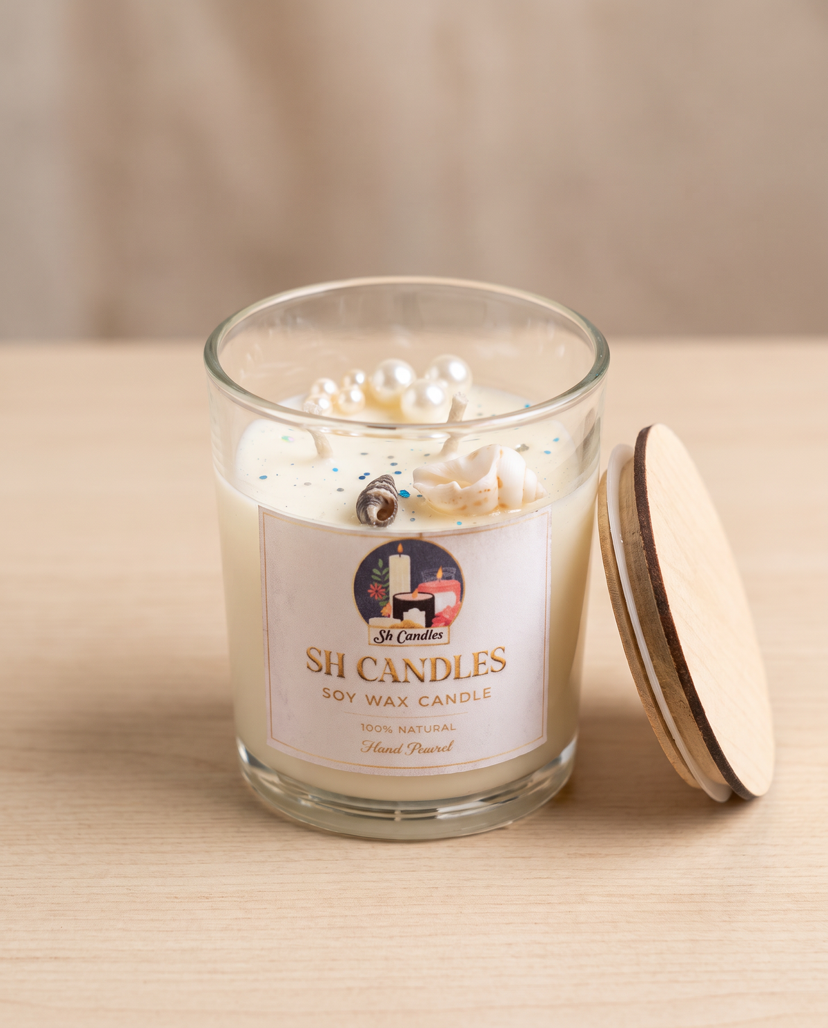 Mermaid Tail Soy Candle, Coconut Vanilla scent - cream soy wax with pearls and seashells and glitter - SH Candles