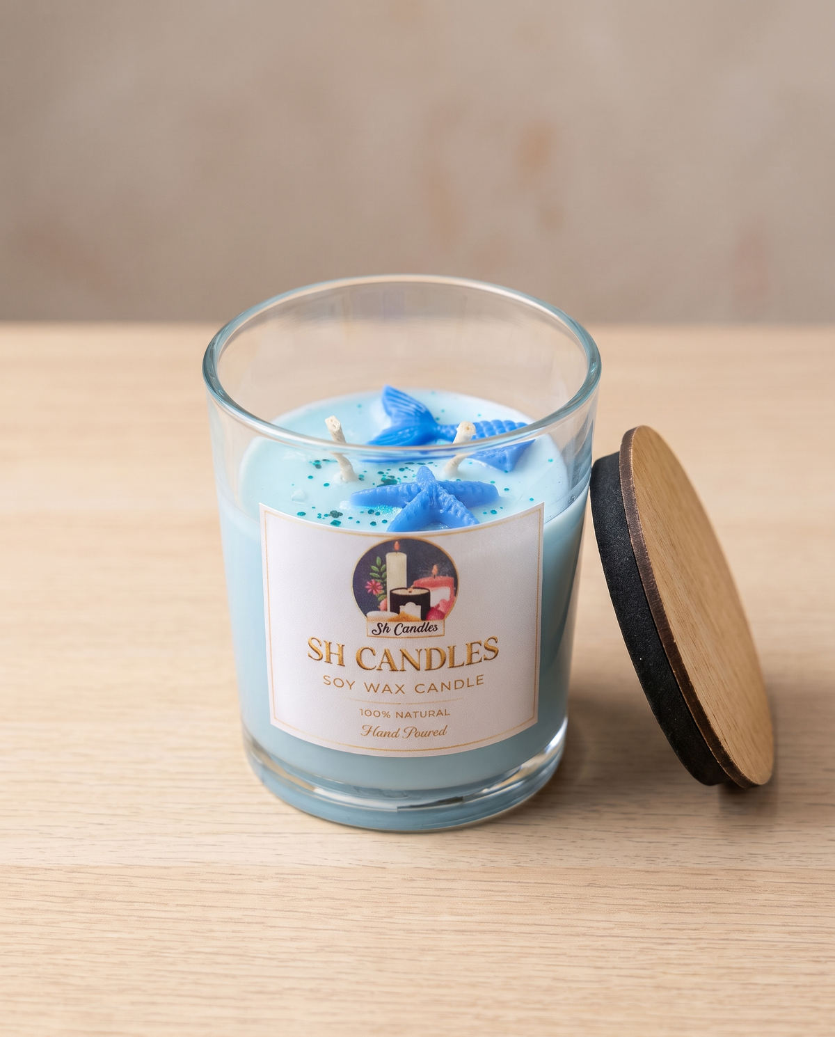 Mermaid Tail Soy Candle, Organza scent - sky-blue soy wax with mermaid tail and seahorse wax charms and glitter - SH Candles