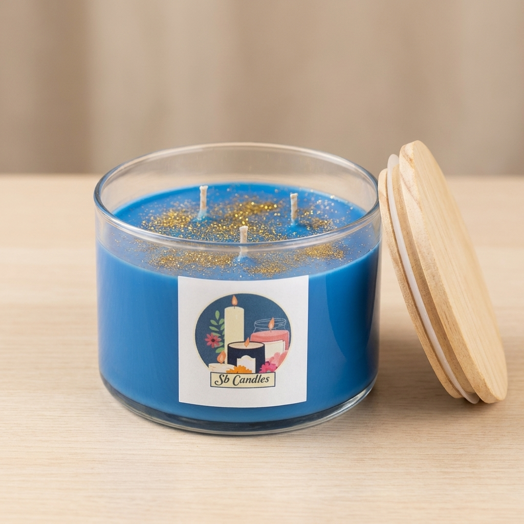 Cobalt Glitter Candle - Organza scent, 3-wick blue soy candle with gold glitter