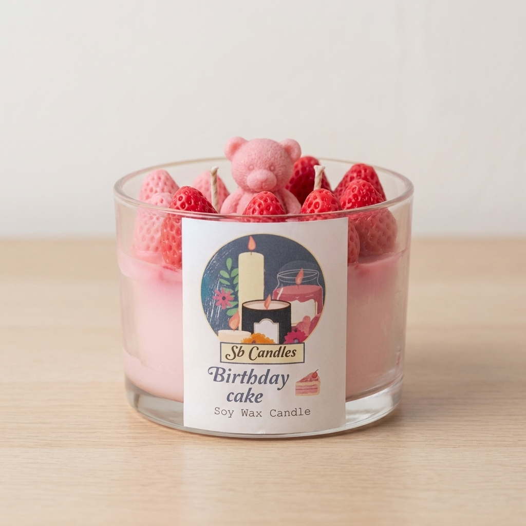 Birthday Cake Candle - Strawberry Vanilla scent, soy candle with wax strawberries and teddy bear