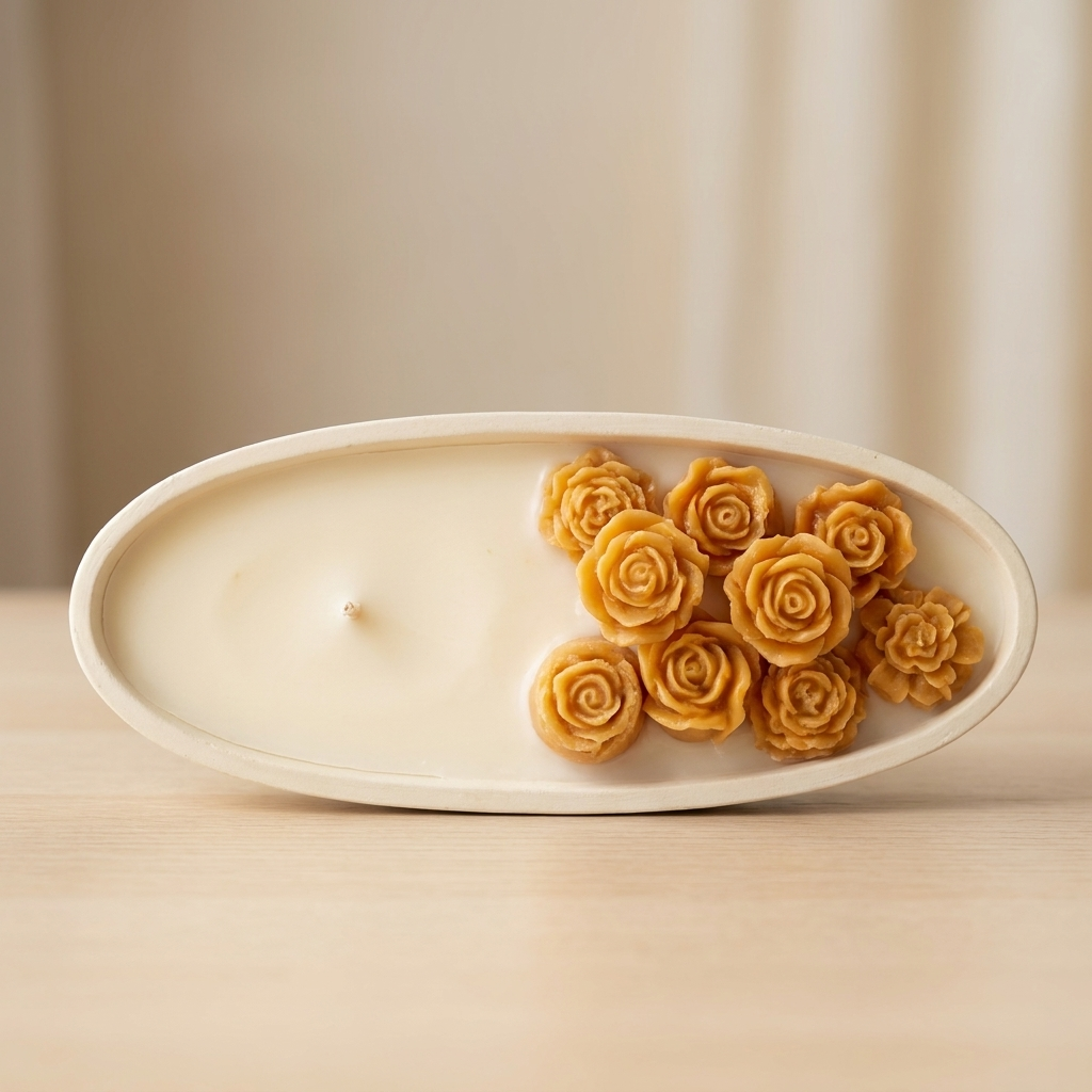 Rose Garden Candle - Vanilla scent, oval dish candle with wax roses