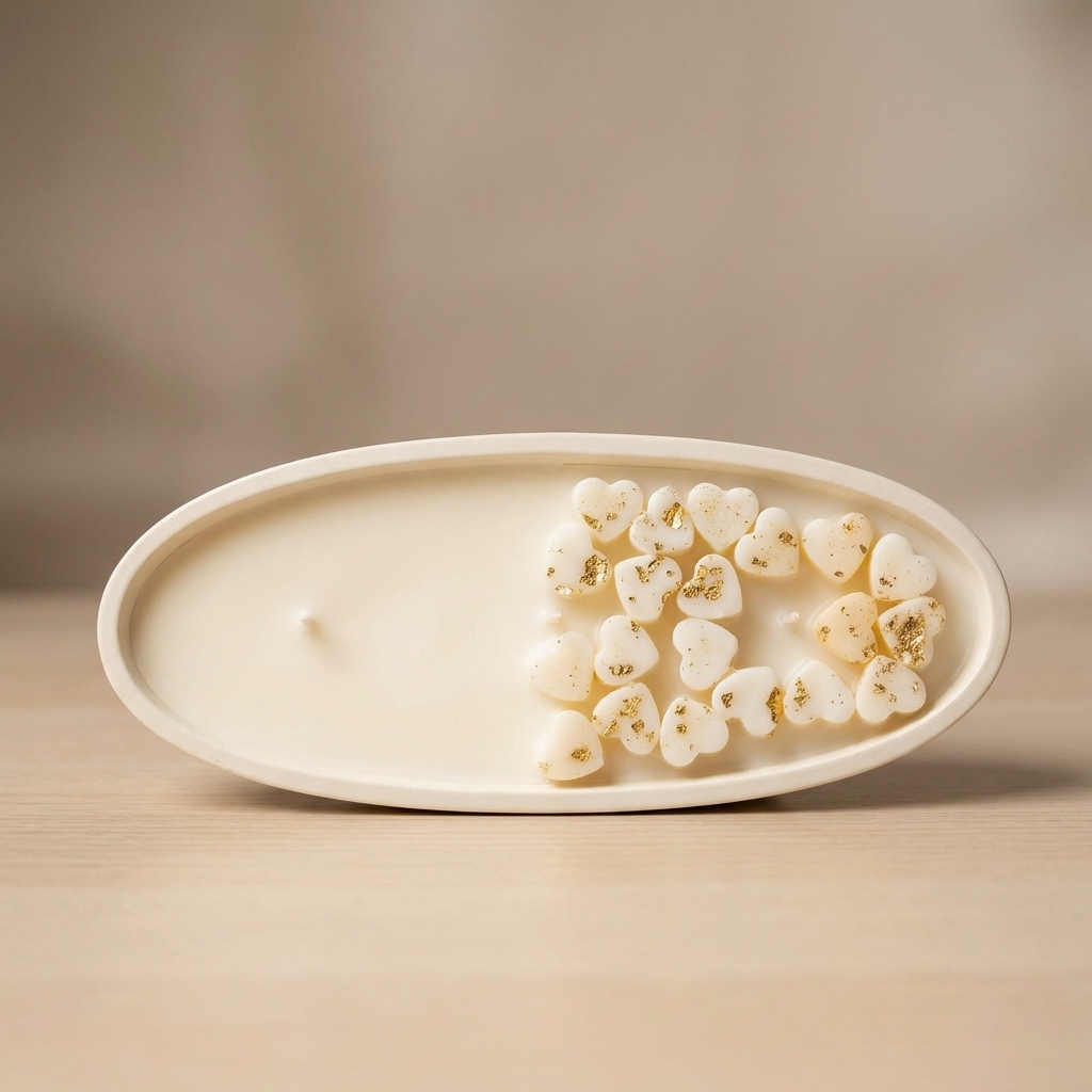 Rose Garden Candle - Good Girl scent, oval dish candle with wax hearts and gold flakes