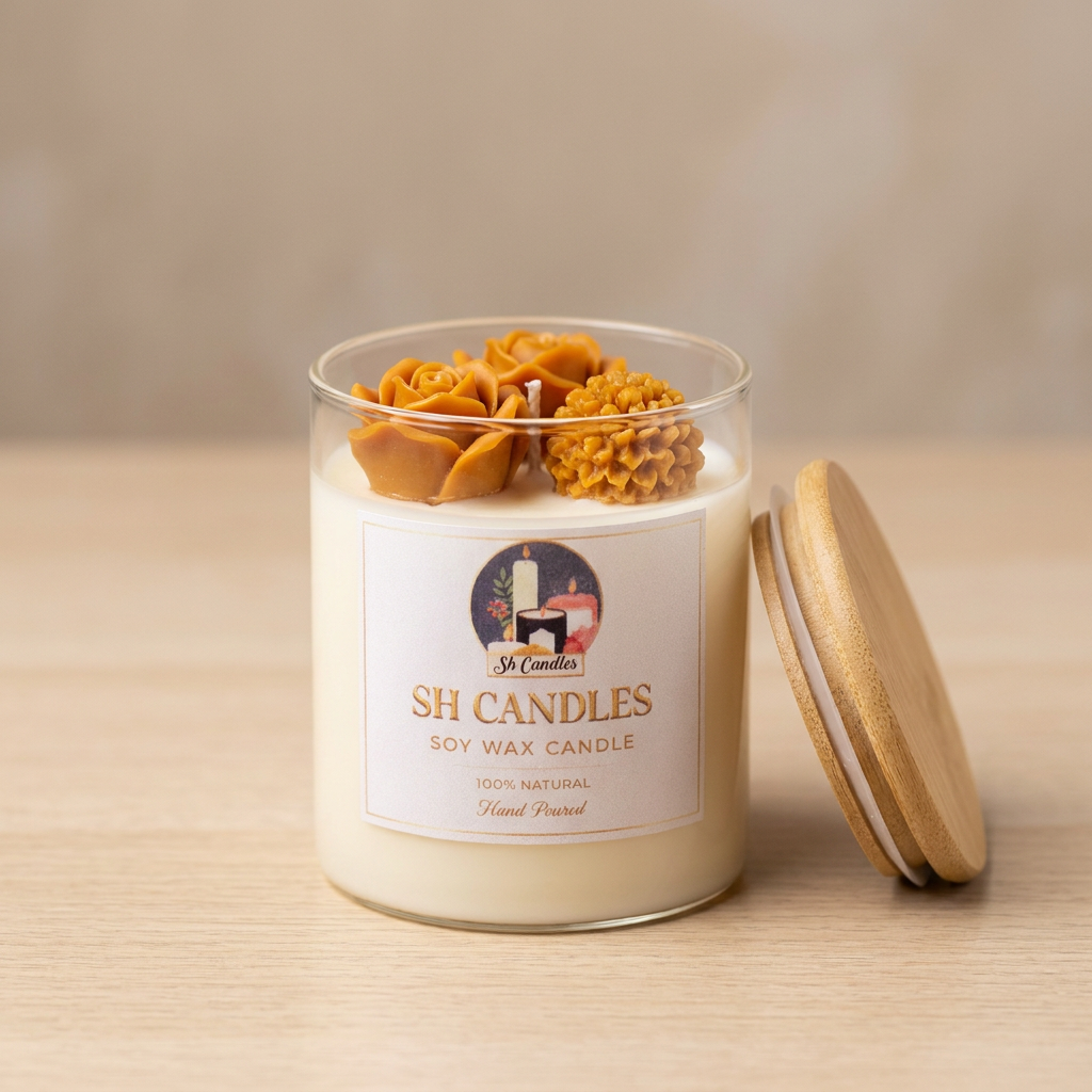 Flower Candle - Musk Vanilla scent, soy candle with wax roses and flower topping