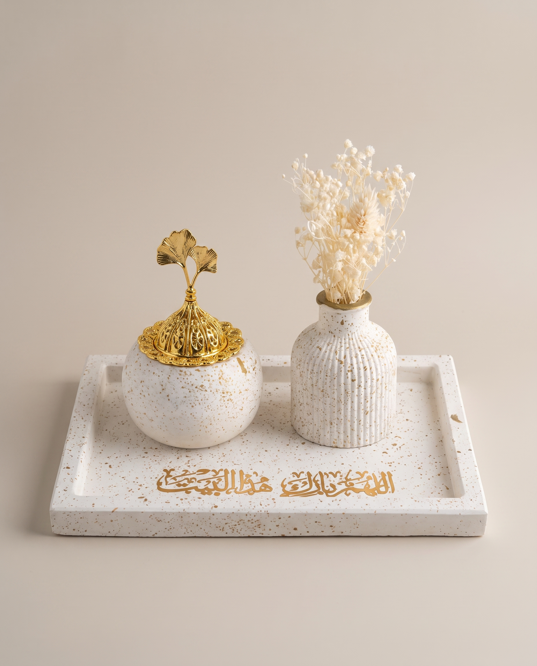 Home Blessing Trio Set - white and gold concrete-style blessing tray with ceramic vase and incense burner
