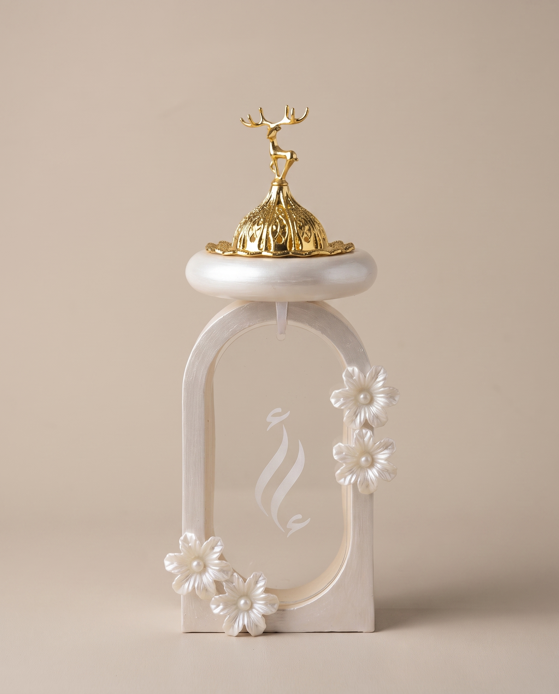 Elegant Monogram Incense Burner - Pearl White finish with gold deer topper