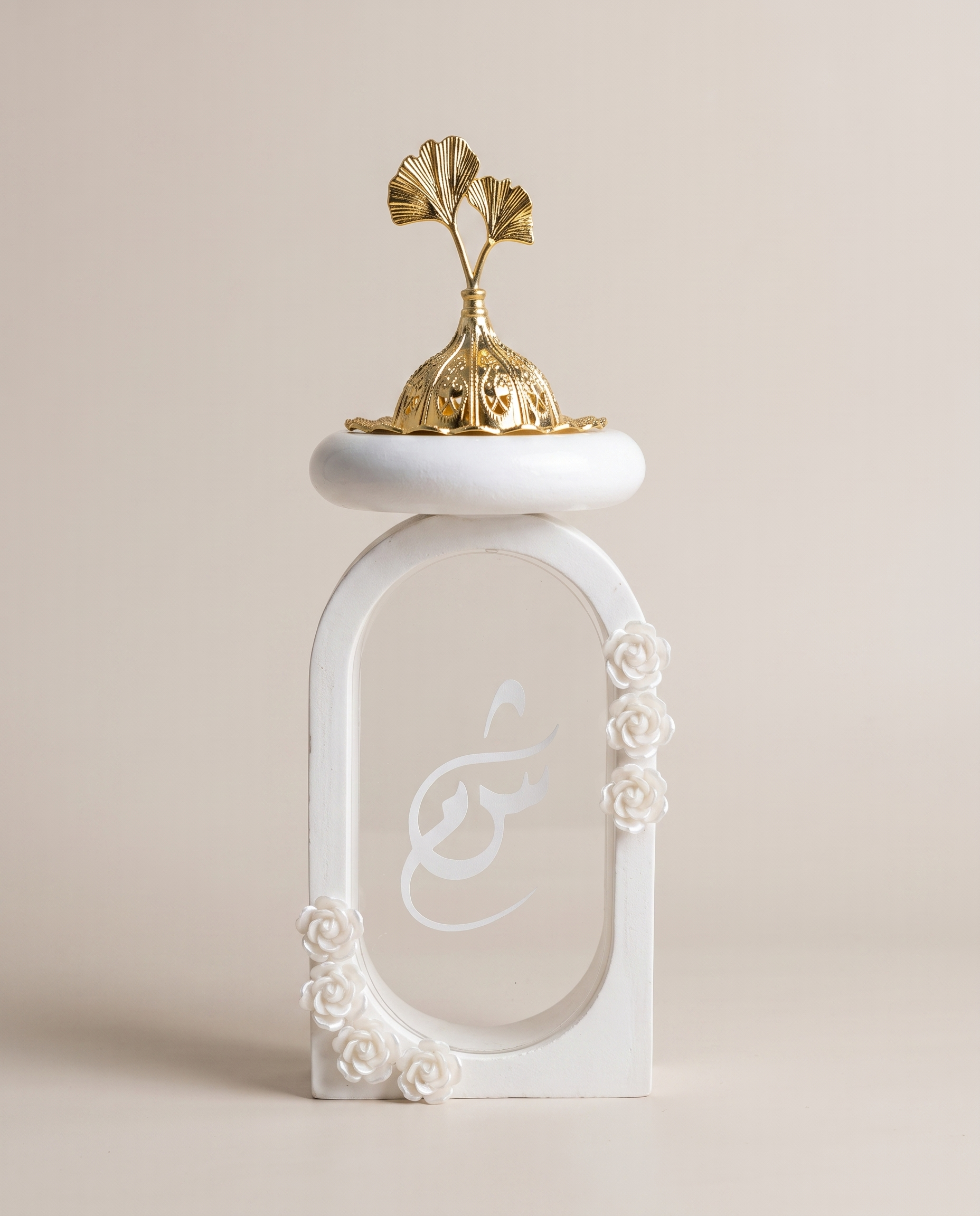 Elegant Monogram Incense Burner - White finish with gold ginkgo-leaf topper