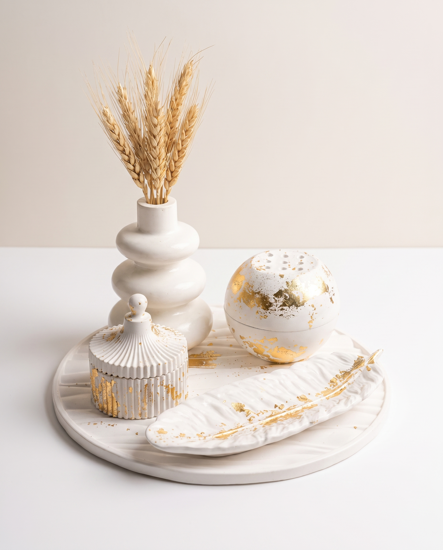 Golden Leaf Vanity Set - white and gold leaf 5-piece vanity decor set with tray, incense burner, vase, bonbonniere box, and feather trinket coaster