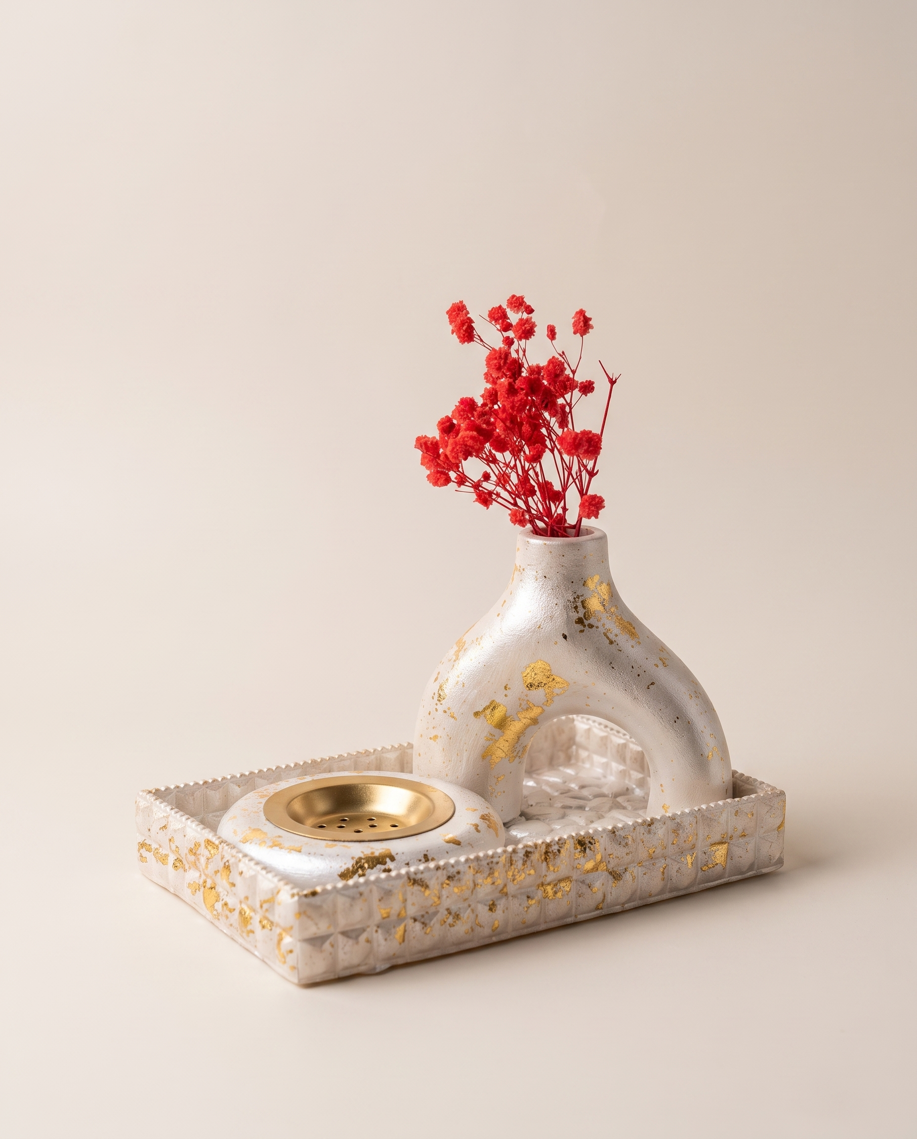 Frosted Gold Arch Trio Set - frosted silver and gold leaf 3-piece vanity decor set with tray, incense burner, and arch vase