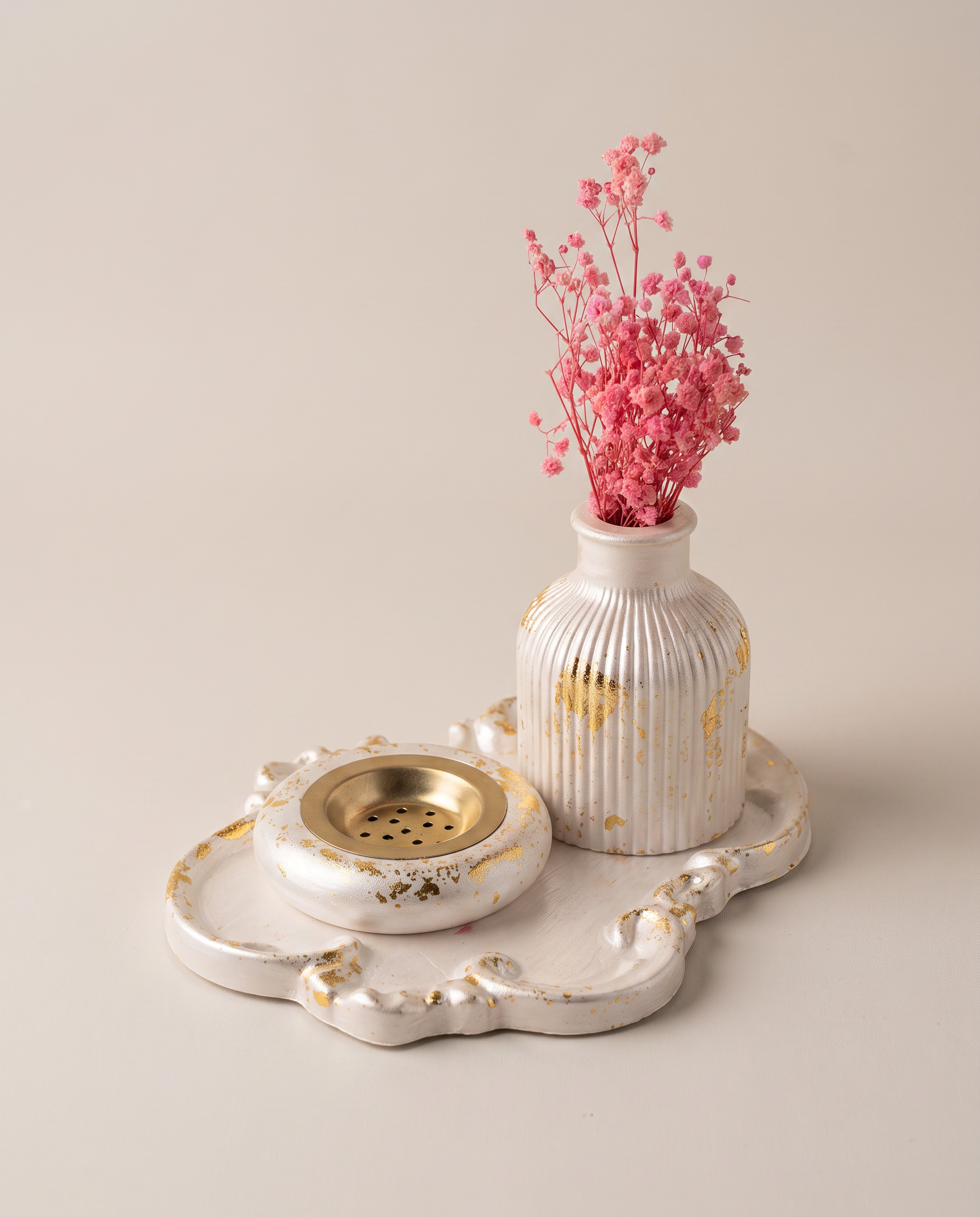 Pearl Royal Vanity Trio - pearl-white and gold leaf 3-piece vanity decor set with scalloped tray, incense burner, and ribbed vase