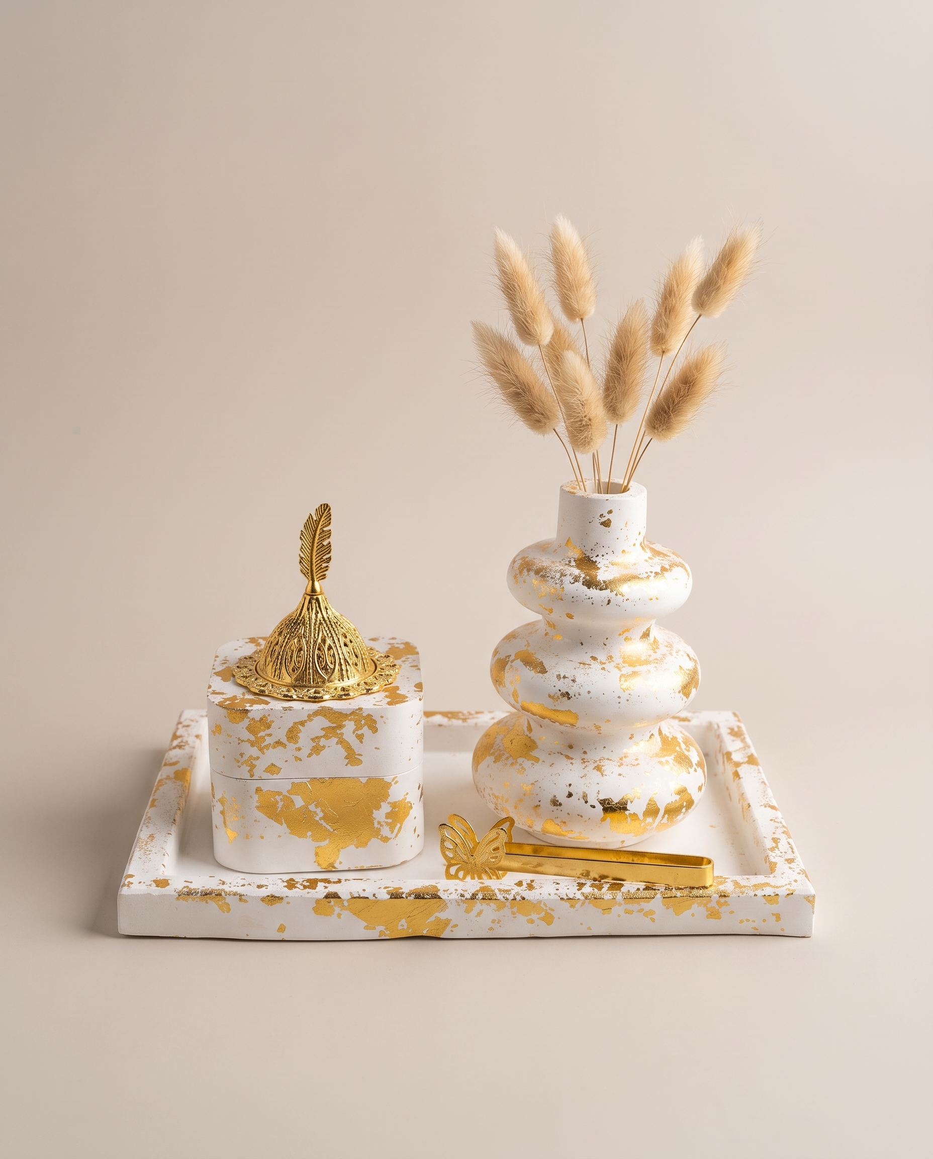 Gilded Feather Vanity Set - white and gold leaf 4-piece vanity decor set with tray, incense box with feather finial, bubble vase, and tongs