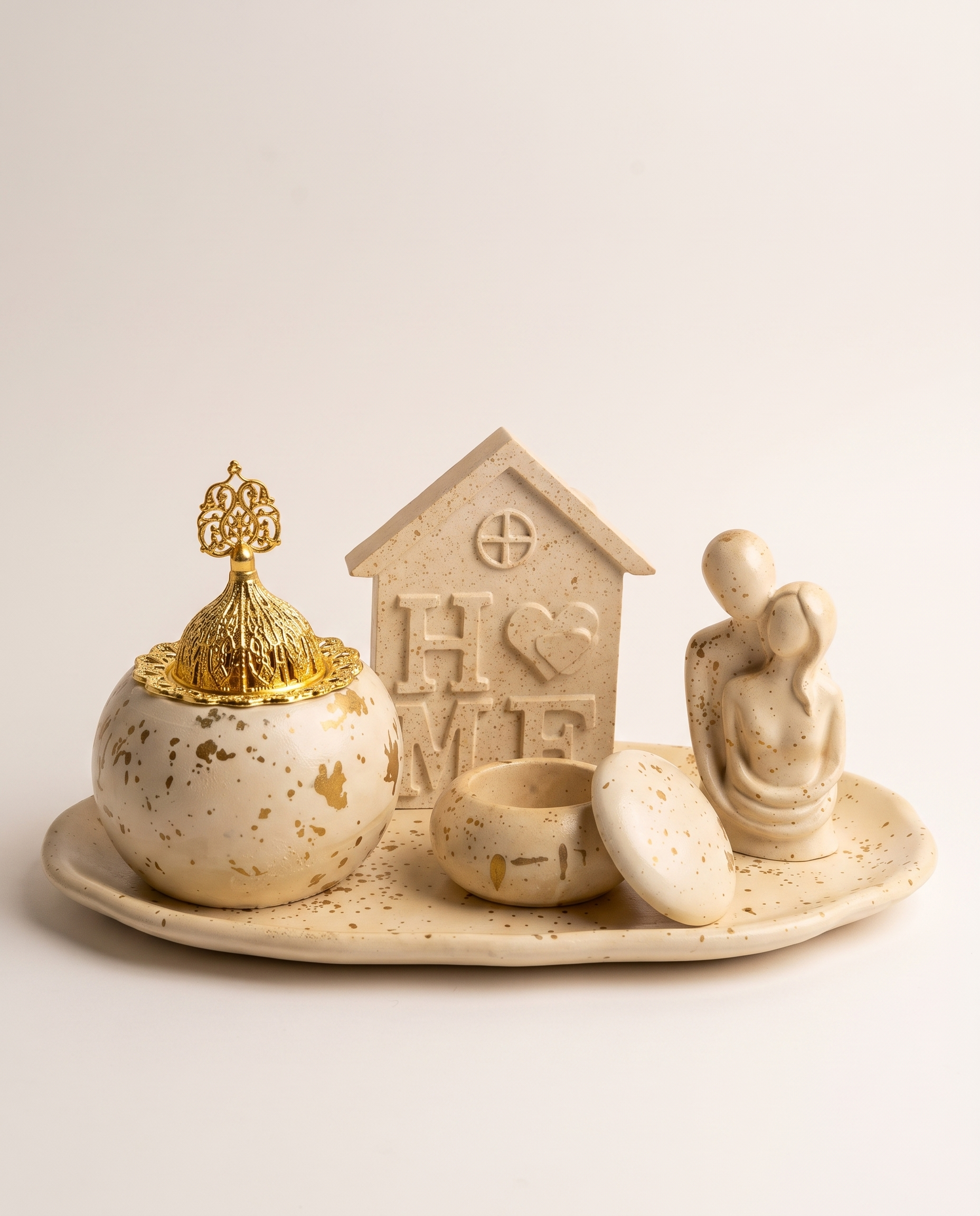 Home & Heart Vanity Set - speckled ivory concrete decor set with HOME house ornament, couple figurine, gold filigree incense burner, and trinket box