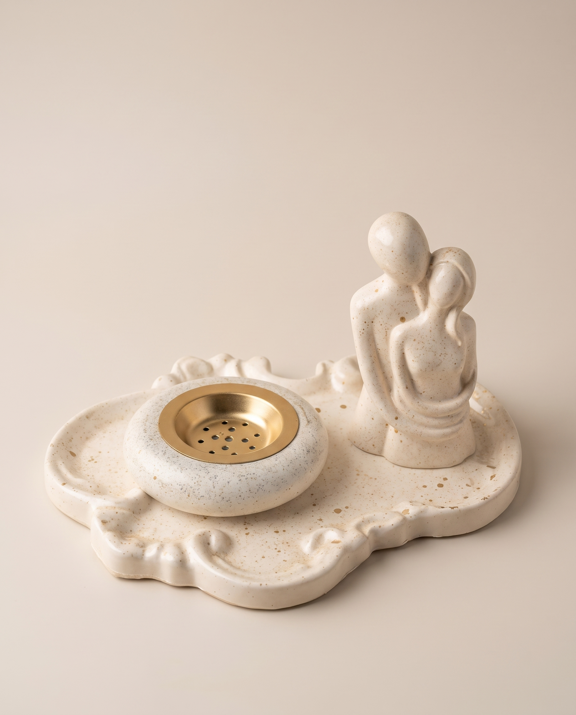 Ivory Couple Coaster Set - scalloped ivory ceramic tray with embracing-couple figurine and gold perforated insert incense burner