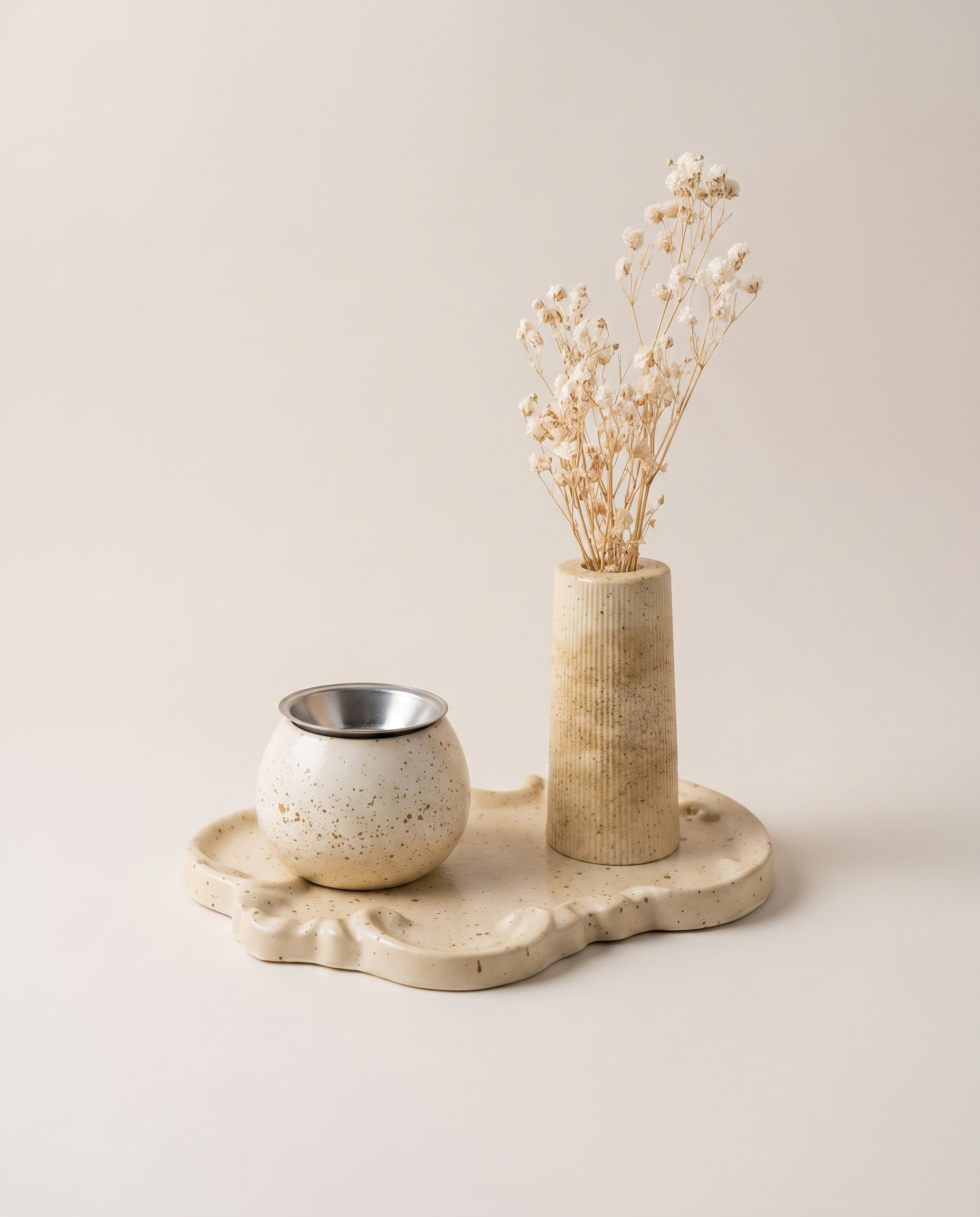 Ivory Speckle Trio Set - scalloped tray, incense burner bowl, and ribbed bud vase in speckled ivory ceramic