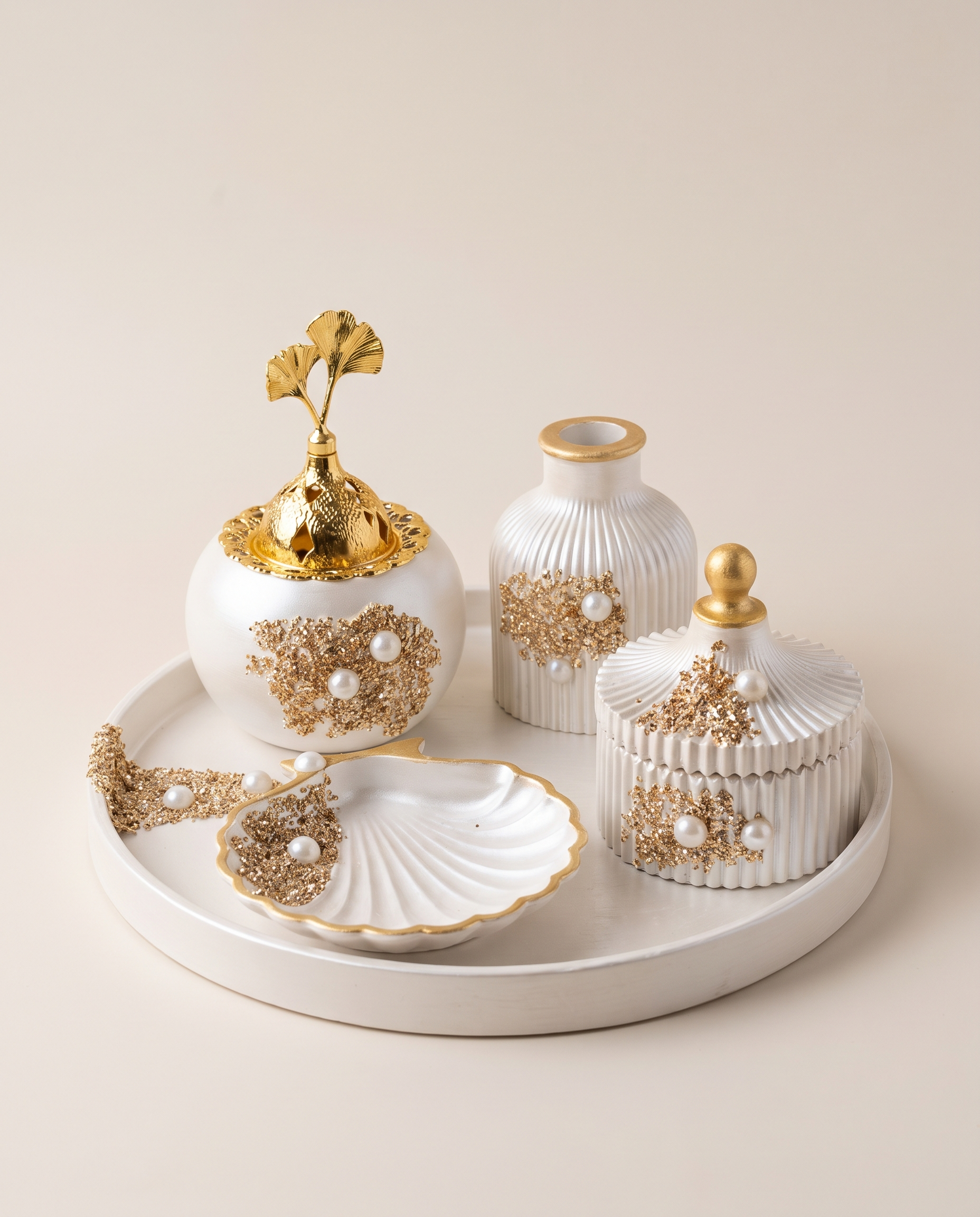 Pearl & Gold Shell Set - white decor set with pearl beads and gold glitter, ginkgo-finial incense burner, ribbed vase, shell bonbonniere, and shell coaster